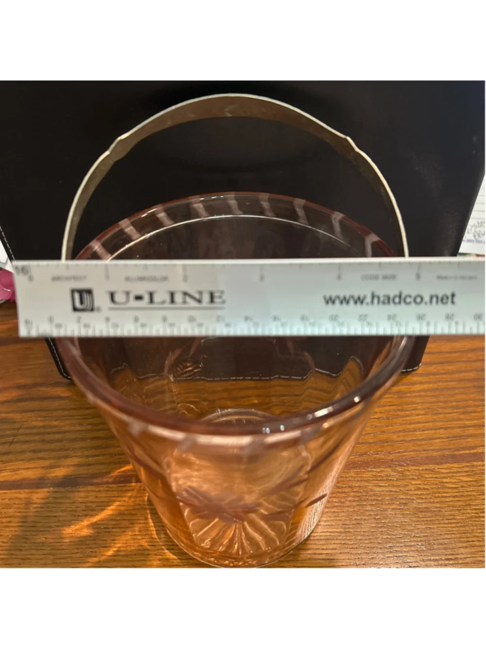 Vintage pink depression glass ice bucket W/Handle etched floral design
